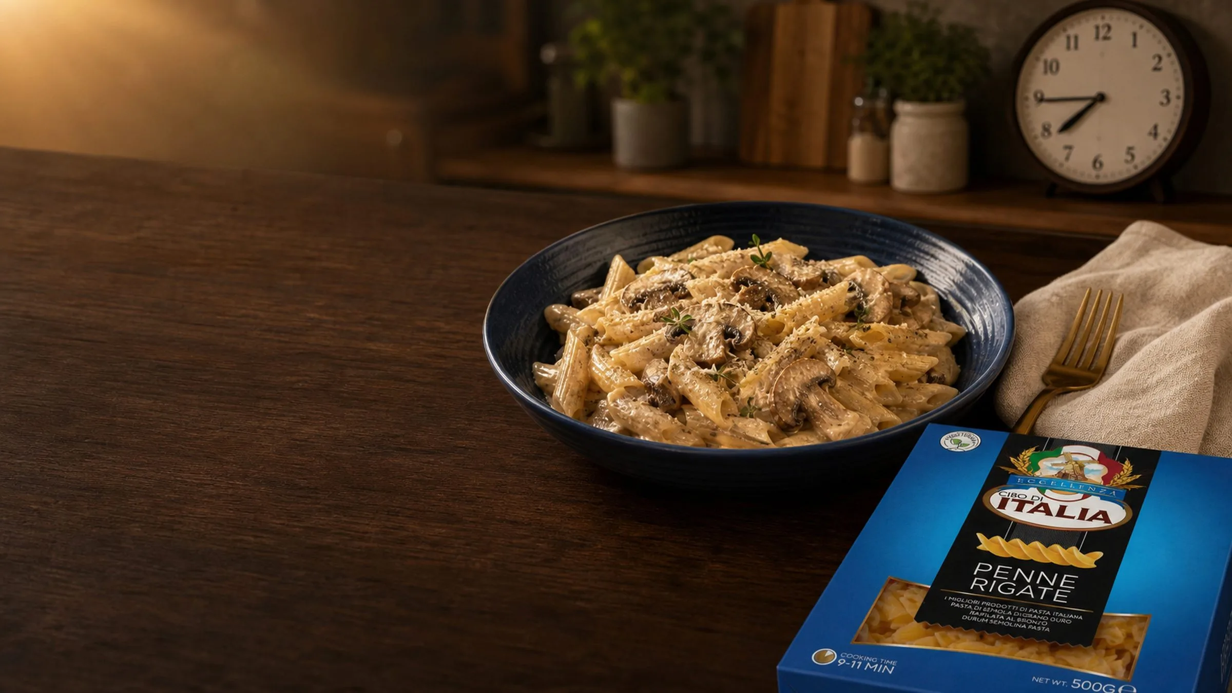 A bowl of creamy mushroom penne on a warm walnut kitchen table with a Cibo di Italia Penne Rigate pack beside it.
