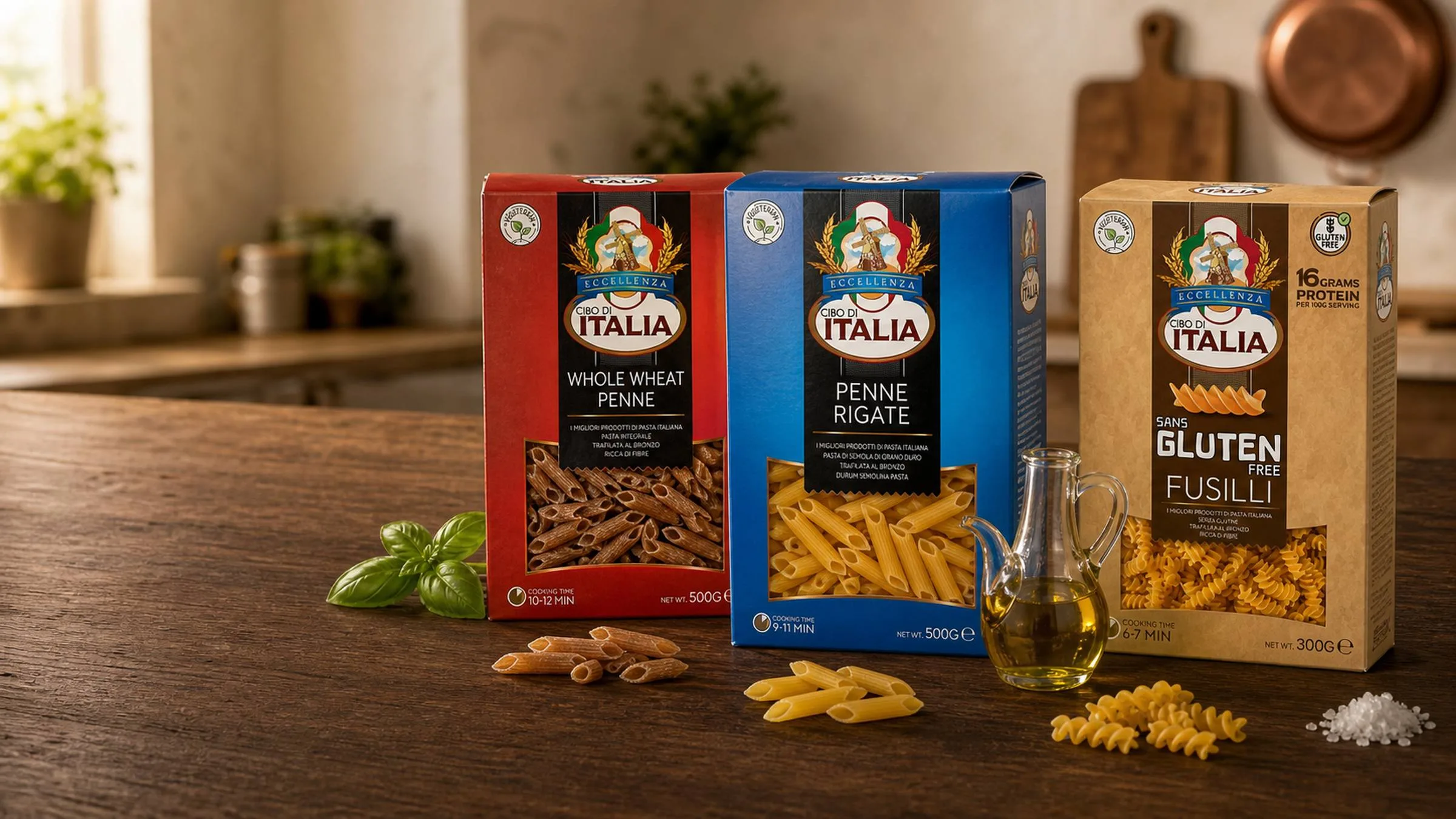 Cibo di Italia Whole Wheat Penne, Classic Penne Rigate and Gluten Free Fusilli boxes arranged on a walnut table with olive oil, basil and sea salt.