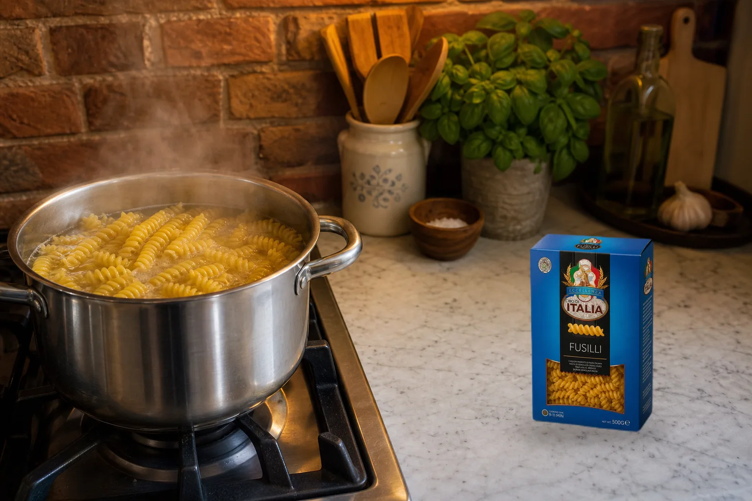 Fusilli pasta at a rolling boil in a pot, with a box of Cibo di Italia Classic Fusilli propped against the pot on the stovetop.
