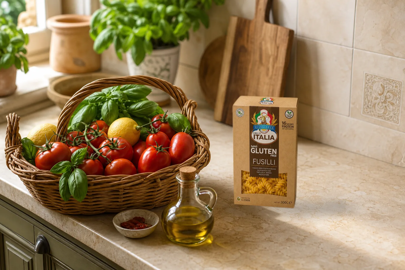 Overhead view of a pantry basket with a box of Cibo di Italia Gluten-Free Fusilli, fresh tomatoes, lemon, olive oil, and basil.