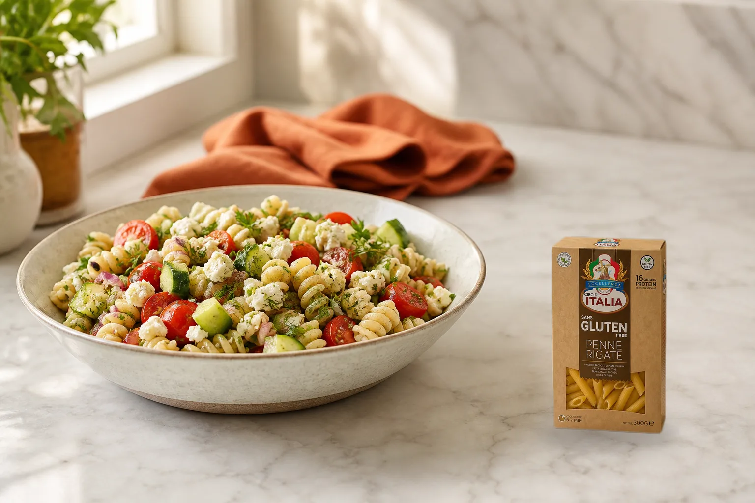 A plated gluten-free pasta salad with cucumber, feta, and tomatoes beside a box of Cibo di Italia Gluten-Free Penne Rigate on a marble counter.