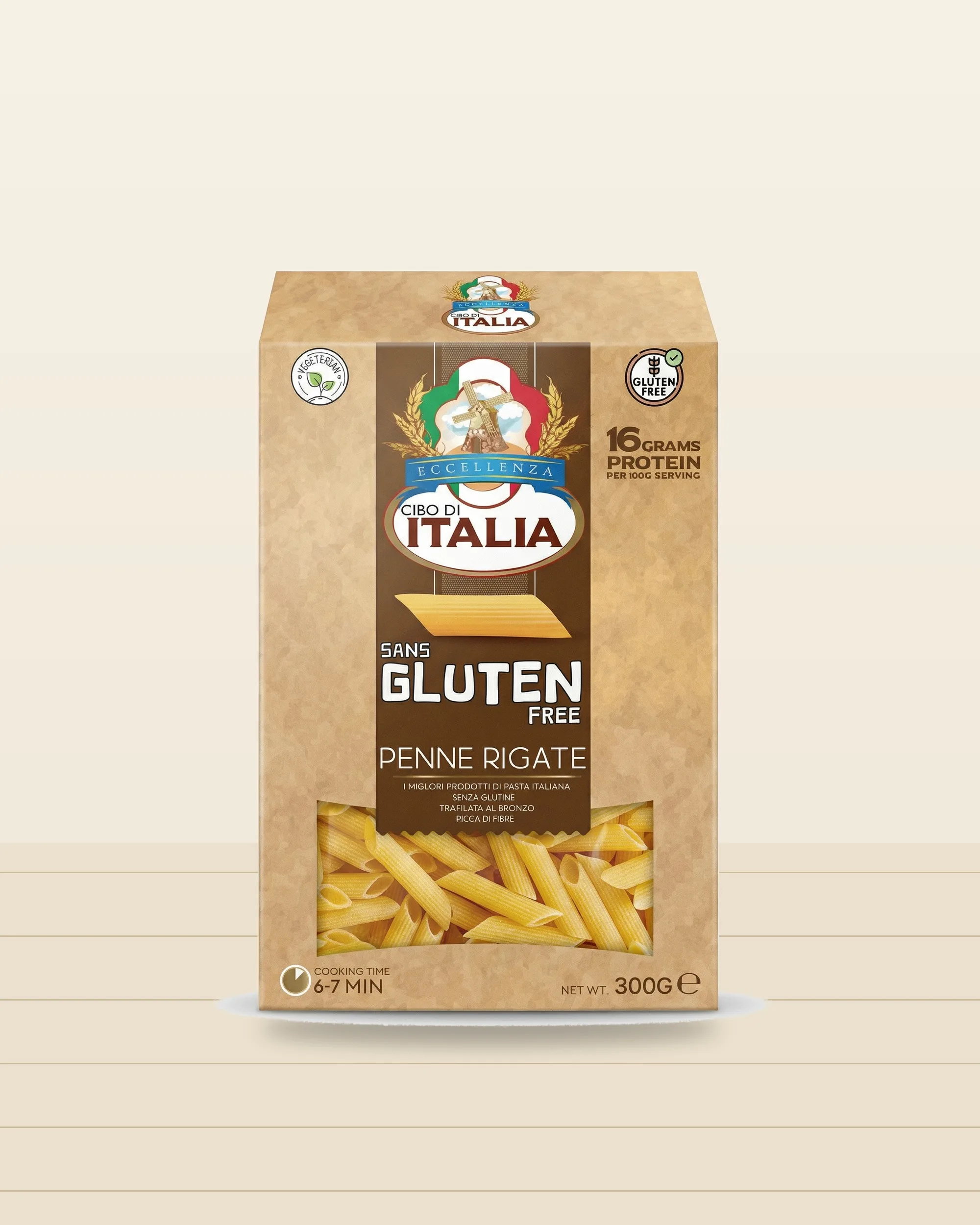 Back of Cibo di Italia Gluten-Free Penne Rigate pack showing Penne Spicy tomato recipe
