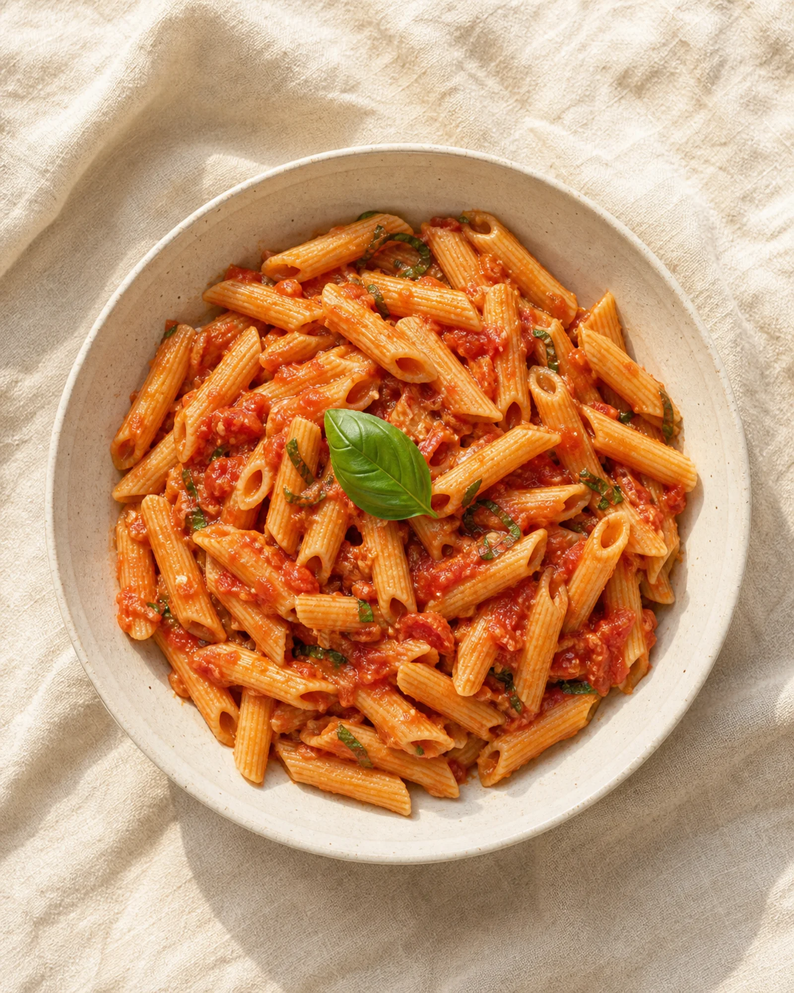 Cooked Cibo di Italia Classic Penne Rigate in tomato-basil sauce, served in a cream ceramic bowl with fresh basil