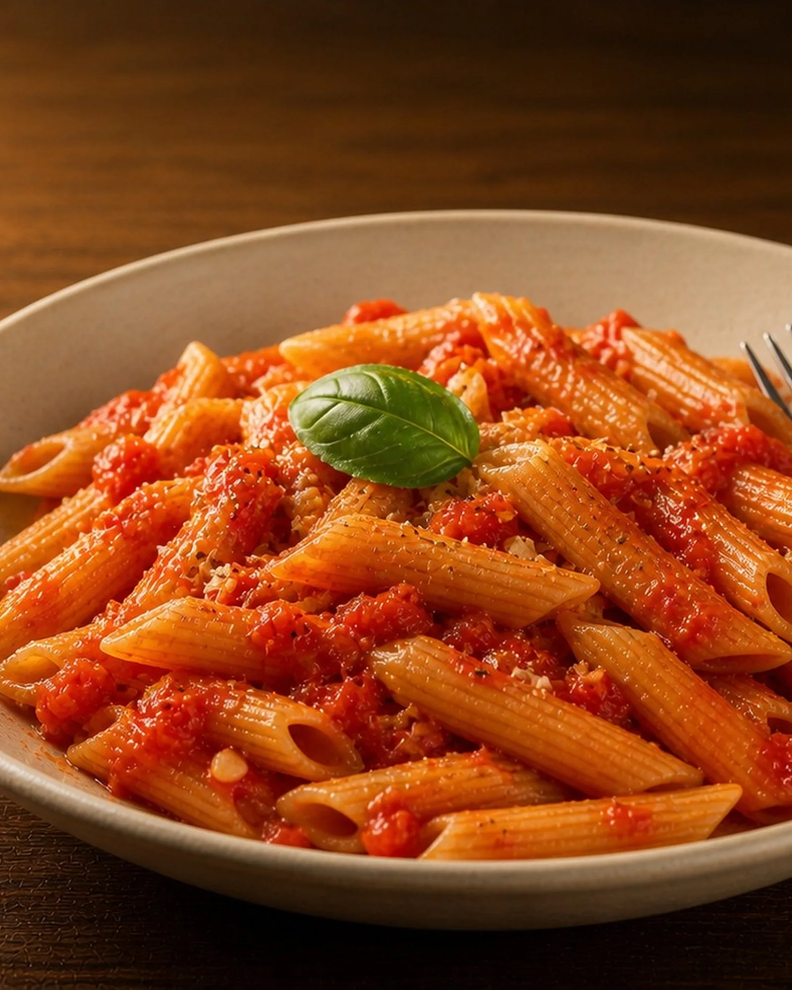 Cooked Cibo di Italia Gluten-Free Penne in spicy tomato sauce, plated in a cream ceramic bowl with fresh basil