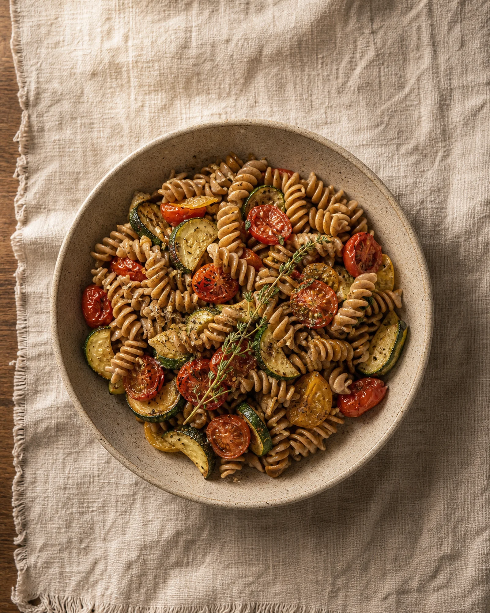 Cooked Cibo di Italia Whole Wheat Fusilli with roasted cherry tomatoes, zucchini and thyme in an earthy stoneware bowl