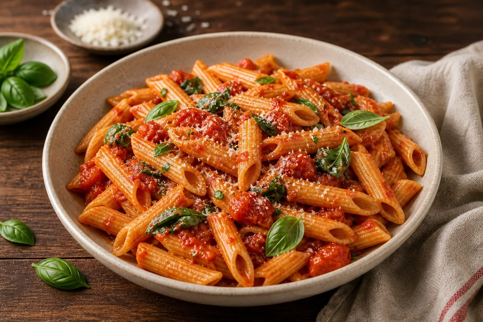 15-Minute Tomato Penne Rigate plated and ready to serve