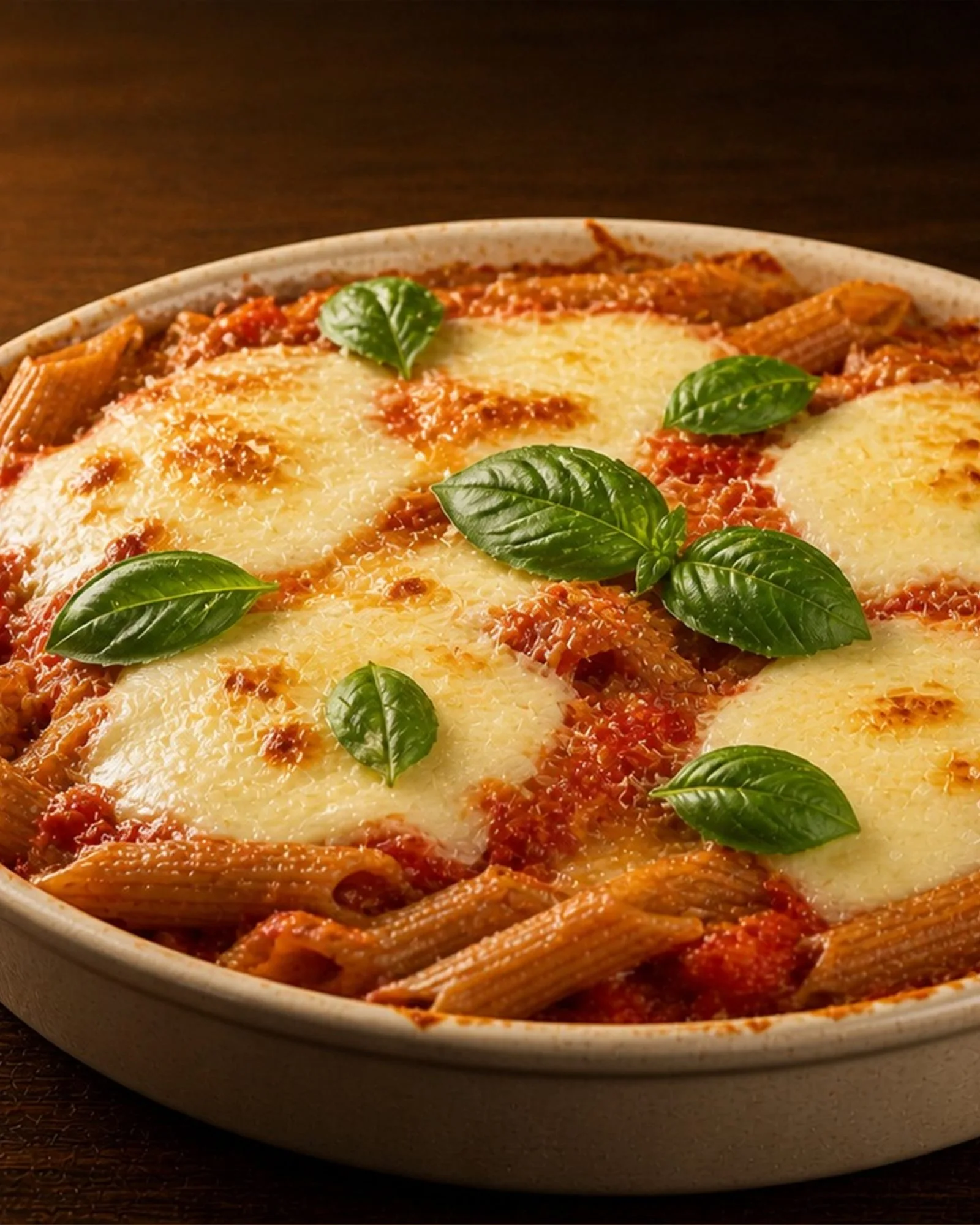 Baked Whole Wheat Pasta with Tomato & Mozzarella plated and ready to serve