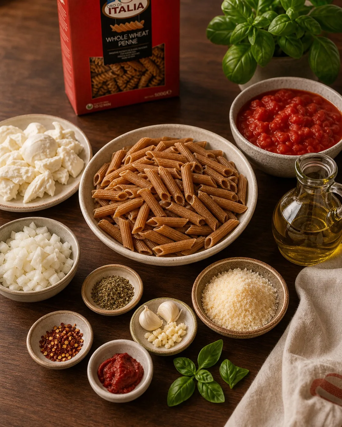 Ingredients for Baked Whole Wheat Pasta with Tomato & Mozzarella