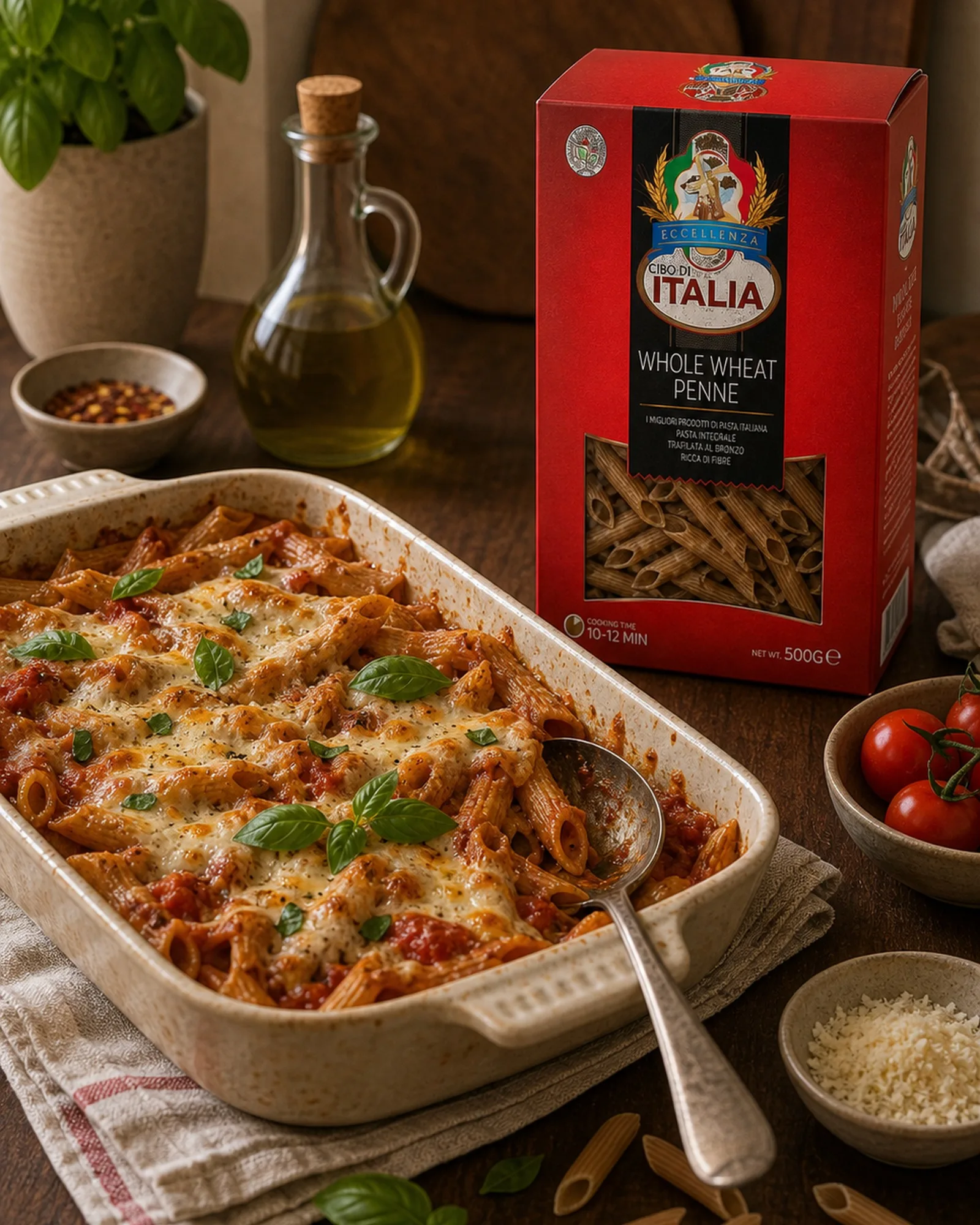 Cibo di Italia pasta pack used in Baked Whole Wheat Pasta with Tomato & Mozzarella