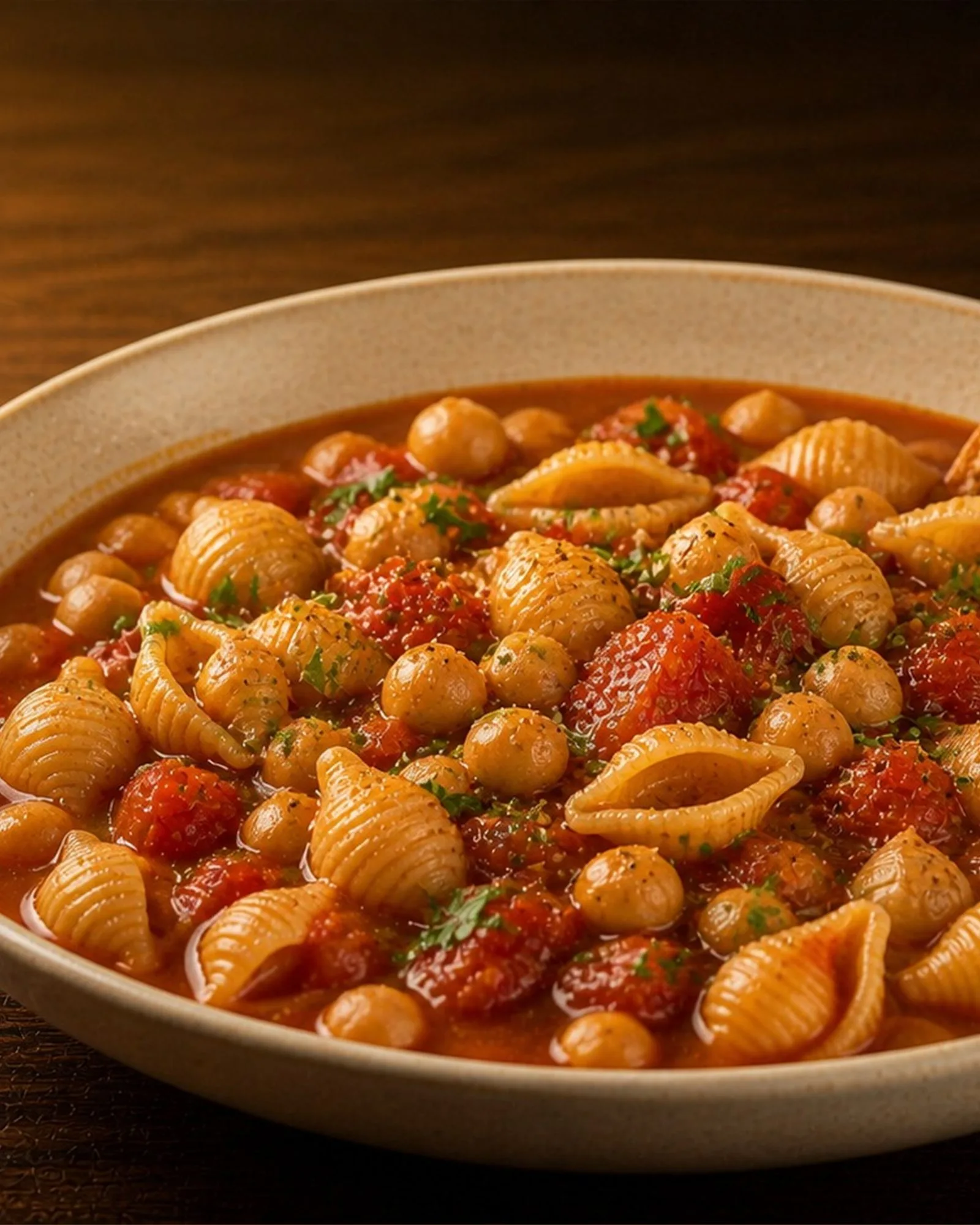 Chickpea & Tomato Pasta Stew plated and ready to serve