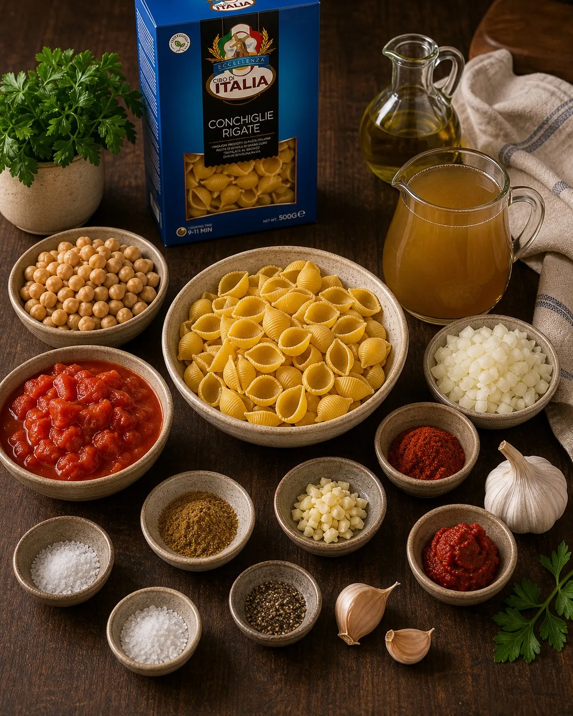 Ingredients for Chickpea & Tomato Pasta Stew