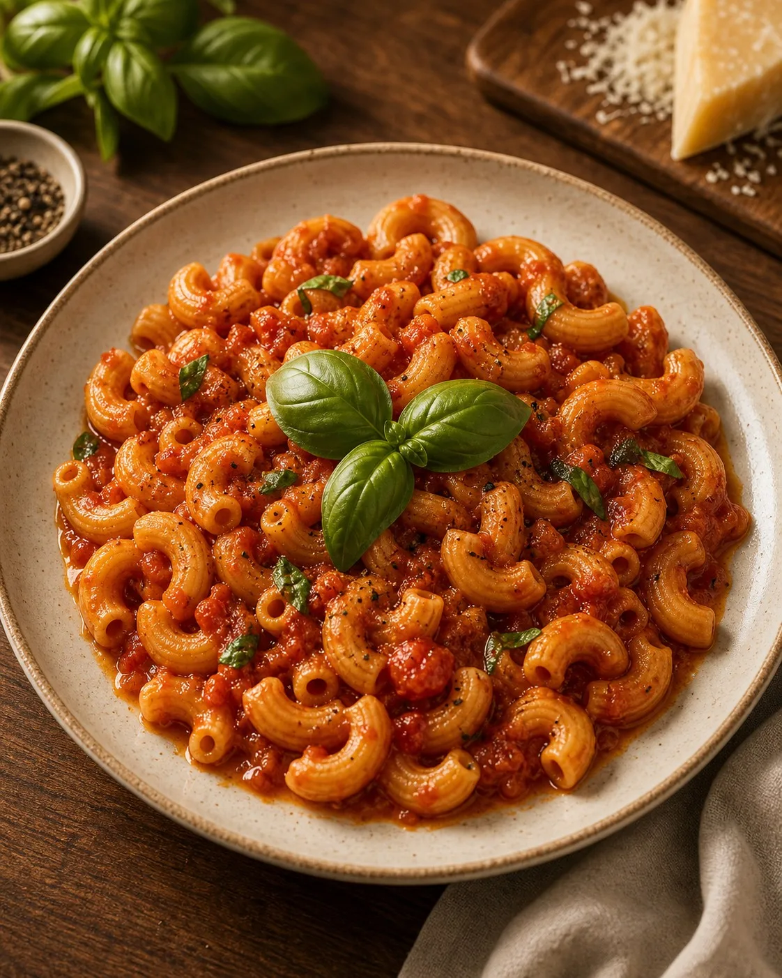 Classic Tomato & Basil Macaroni plated and ready to serve
