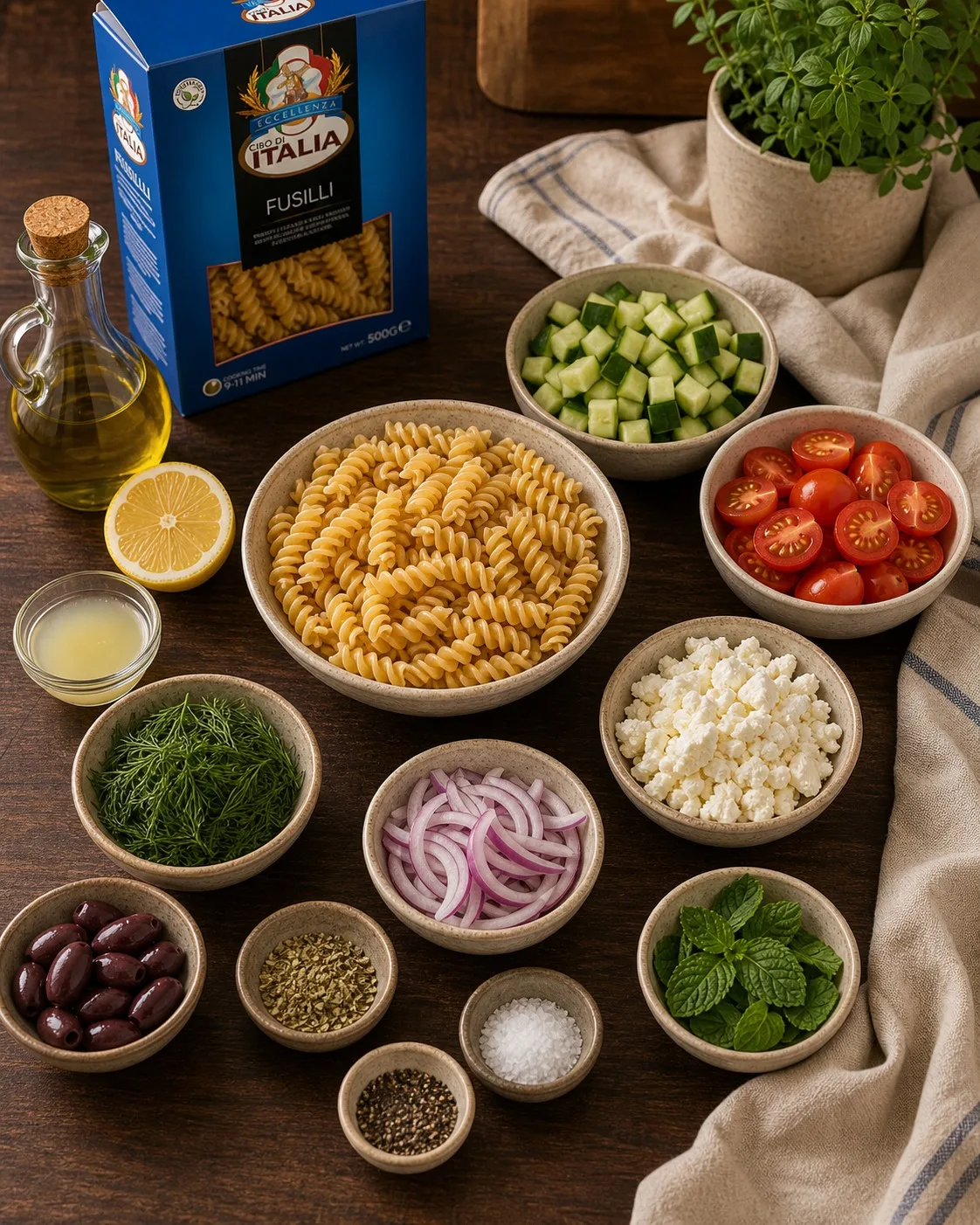 Shredded chicken and vegetables being added to cooled pasta