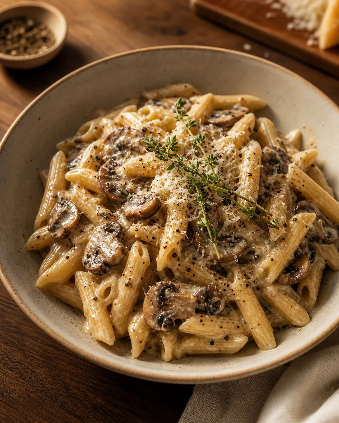 Creamy Mushroom Penne plated and ready to serve
