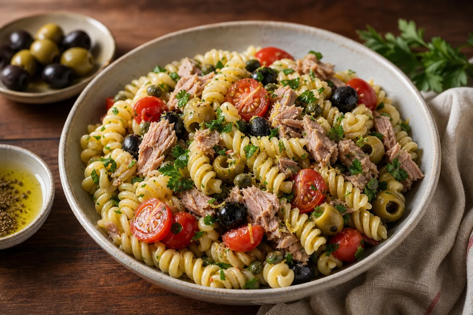 Easy Tuna & Olive Pasta Salad plated and ready to serve