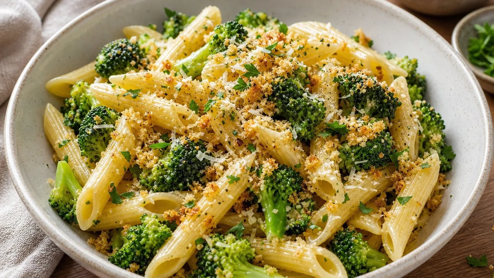 Garlic Broccoli Penne Rigate with Lemon Crumbs — Cibo di Italia pasta recipe