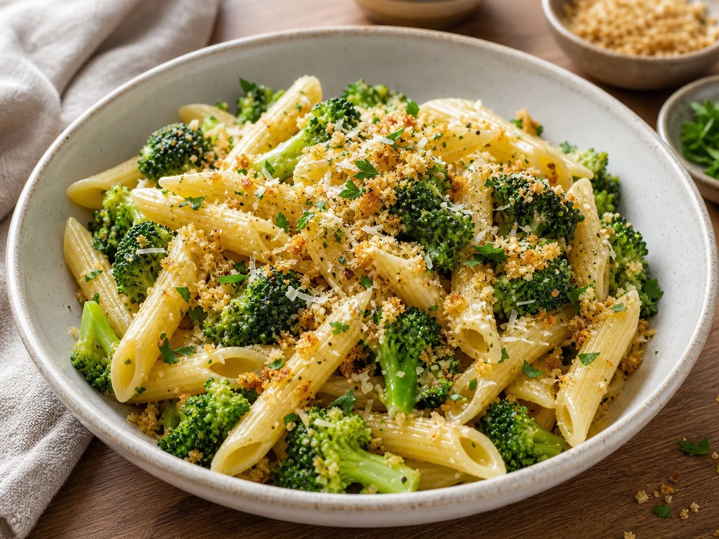 Close bowl of penne rigate with broccoli, parmesan and lemon breadcrumbs