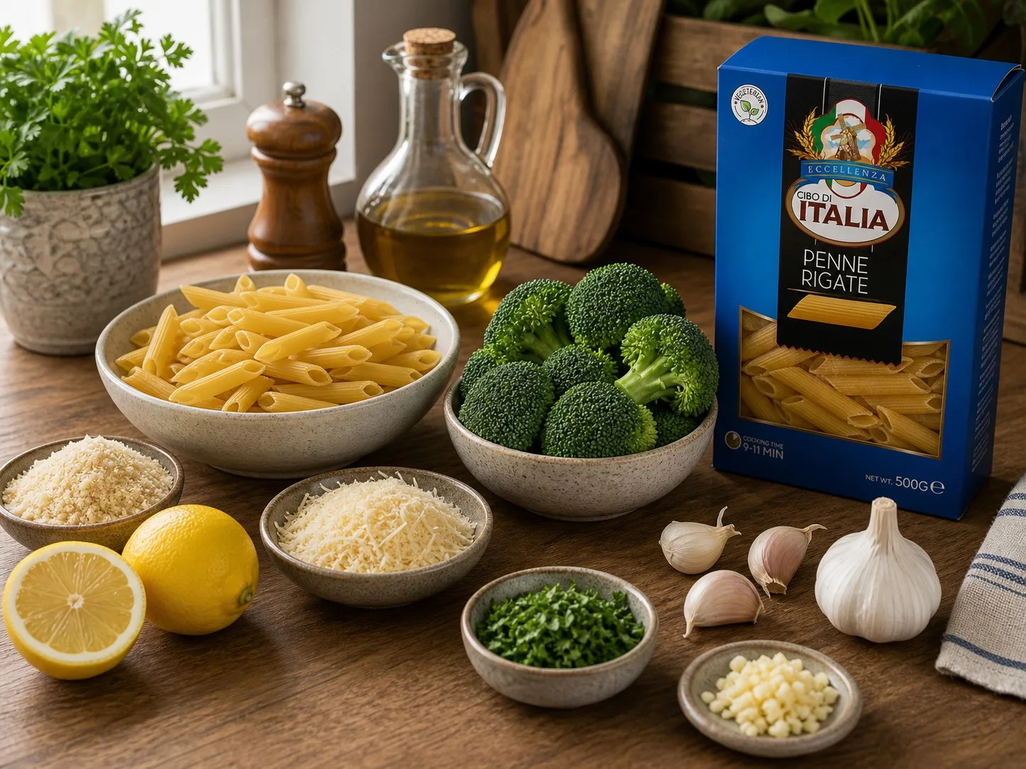 Ingredients for garlic broccoli penne rigate with Cibo di Italia Penne Rigate pack