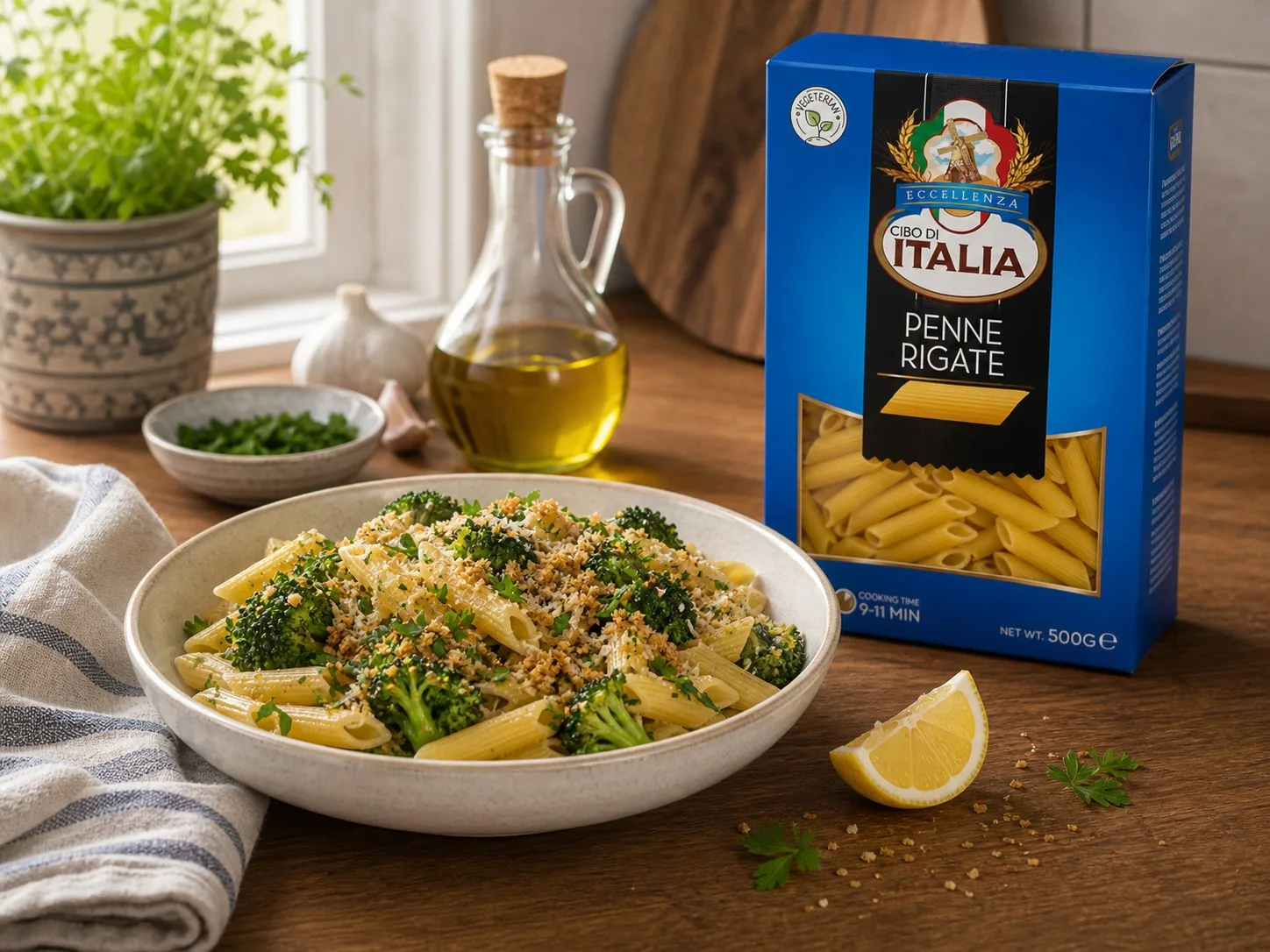Serving bowl of broccoli penne with Cibo di Italia Penne Rigate pack