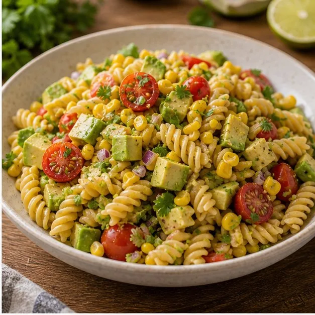 Bowl of gluten-free fusilli salad with corn, avocado, cucumber and coriander