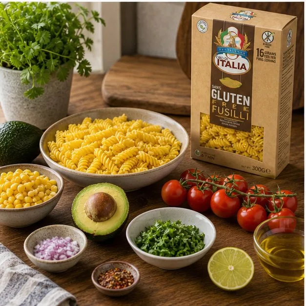 Ingredients for gluten-free fusilli corn avocado salad with Cibo di Italia Gluten-Free Fusilli pack