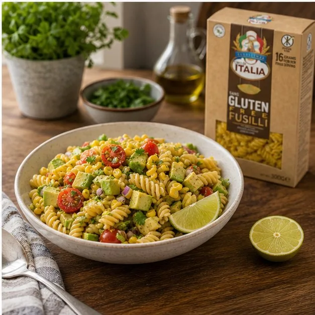 Serving bowl of gluten-free fusilli salad with Cibo di Italia Gluten-Free Fusilli pack
