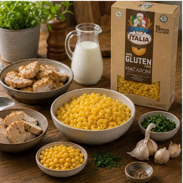 Gluten-free macaroni and shredded chicken tossed together in a pan with garlic