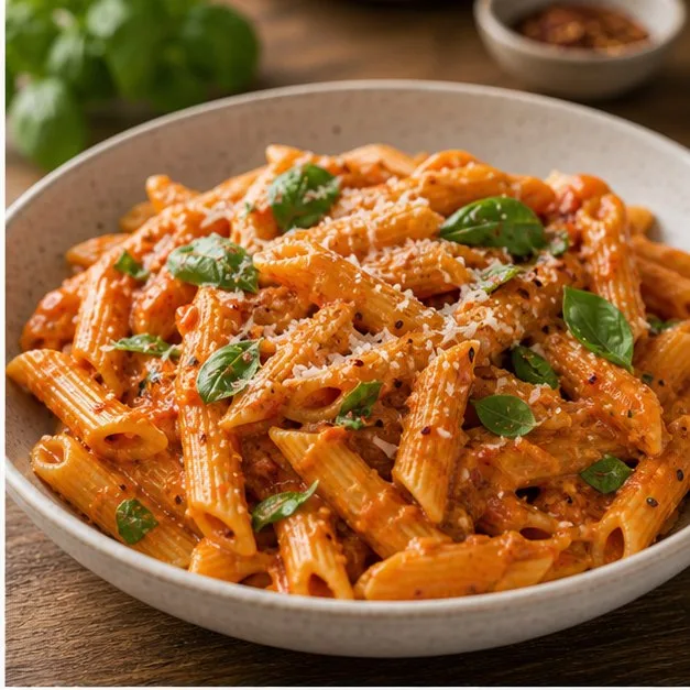 Bowl of gluten-free penne in roasted red pepper sauce with basil