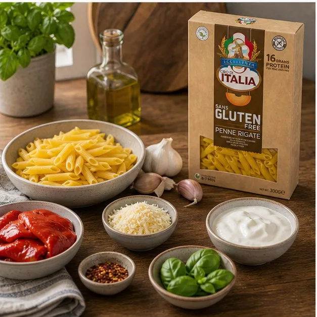 Ingredients for gluten-free penne roasted pepper sauce with Cibo di Italia Gluten-Free Penne Rigate pack