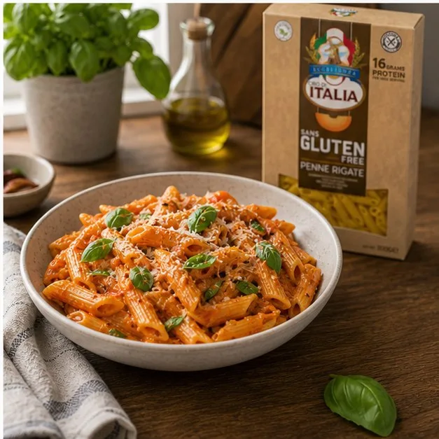 Serving bowl of roasted pepper gluten-free penne with Cibo di Italia Gluten-Free Penne Rigate pack