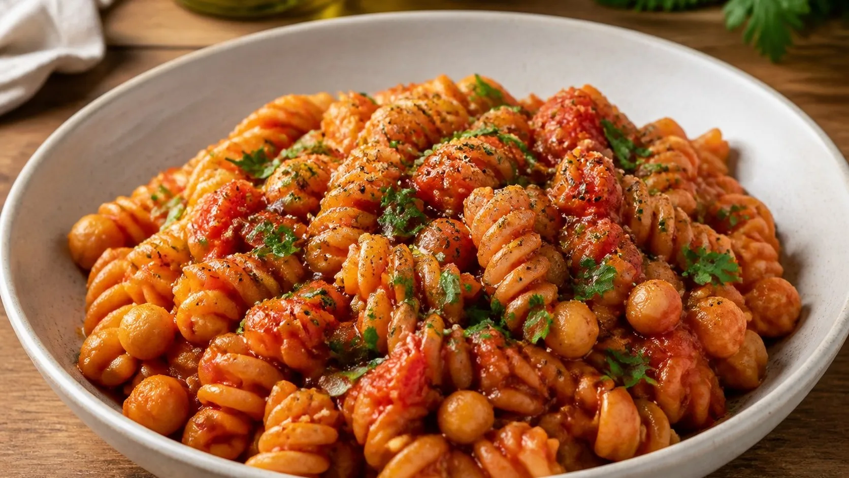 Harissa Tomato Fusilli with Chickpeas — Cibo di Italia pasta recipe