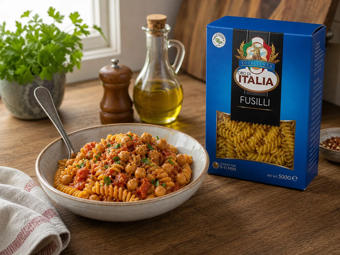Fusilli tossed through the deep red harissa prawn sauce