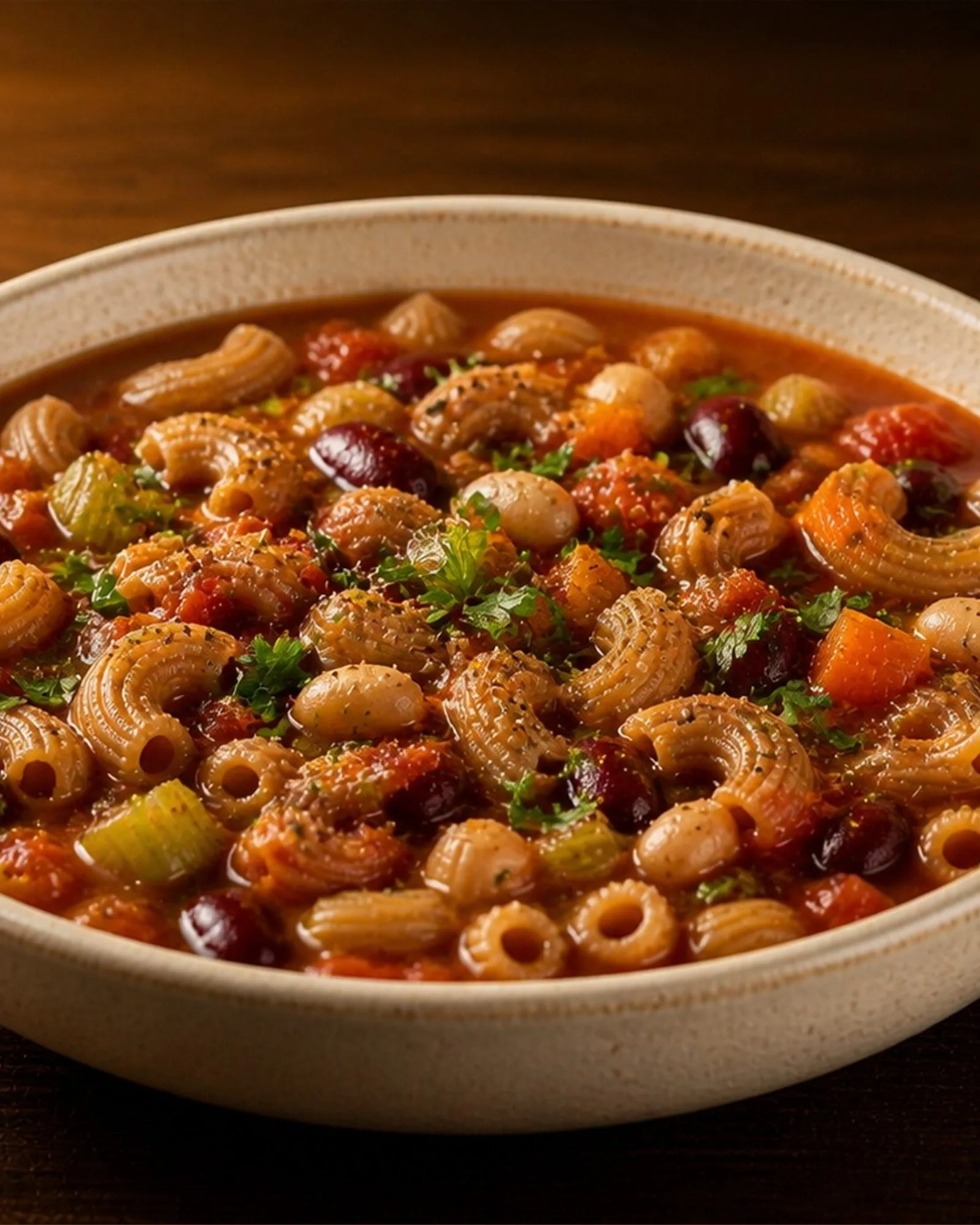 Hearty Bean & Pasta Soup plated and ready to serve