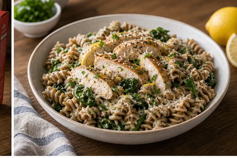 Bowl of whole wheat fusilli with chicken, spinach, lemon and herbs