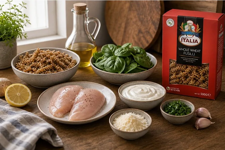 Ingredients for lemon chicken whole wheat fusilli with Cibo di Italia Whole Wheat Fusilli pack