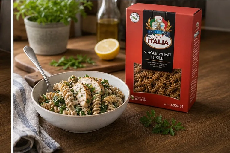 Serving bowl of lemon chicken fusilli with Cibo di Italia Whole Wheat Fusilli pack