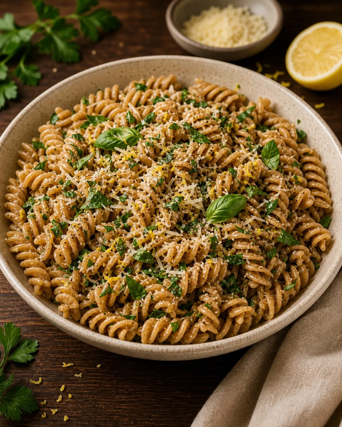 Lemon & Herb Whole Wheat Fusilli plated and ready to serve