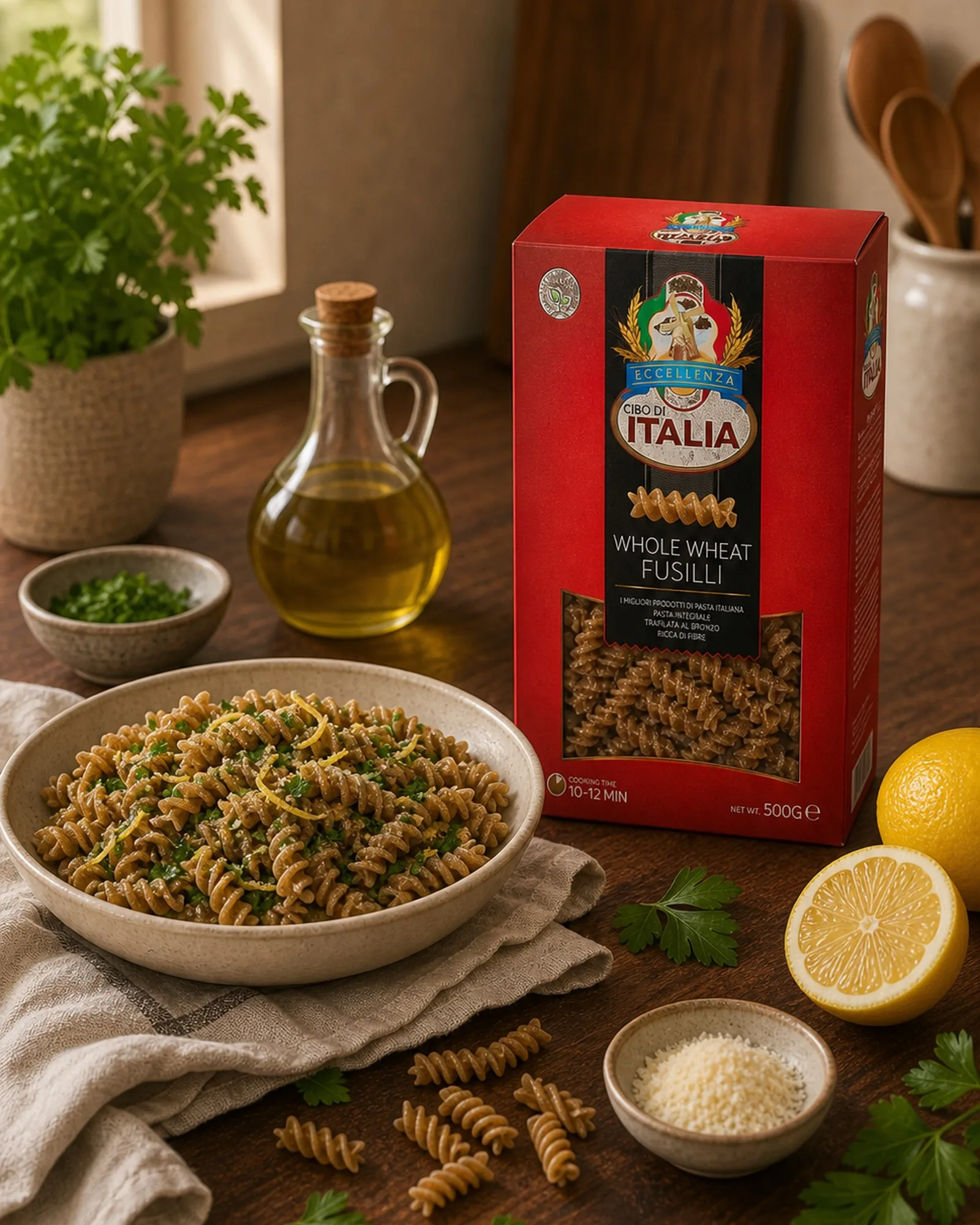 Cibo di Italia pasta pack used in Lemon & Herb Whole Wheat Fusilli