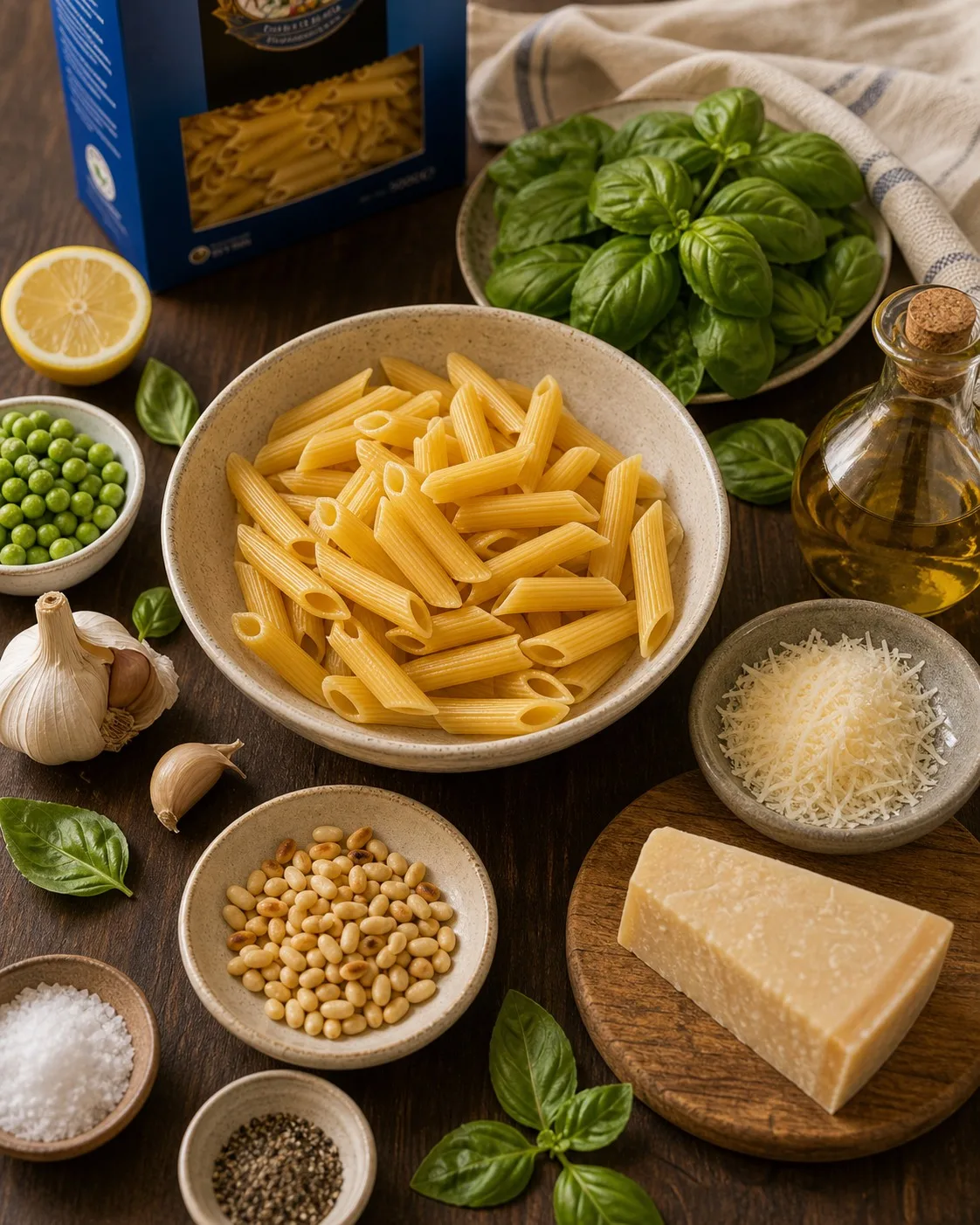 Ricotta and lemon zest sauce being tossed with penne and peas in a wide pan