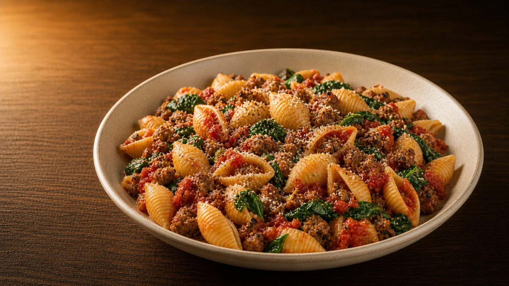Loaded Conchiglie with Sausage & Spinach — Cibo di Italia pasta recipe