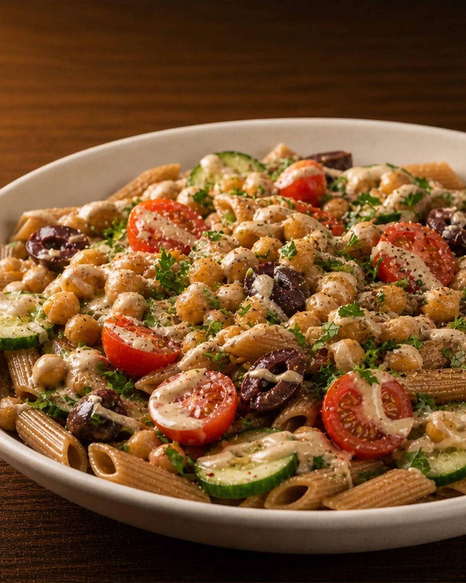 Mediterranean Pasta Bowl plated and ready to serve