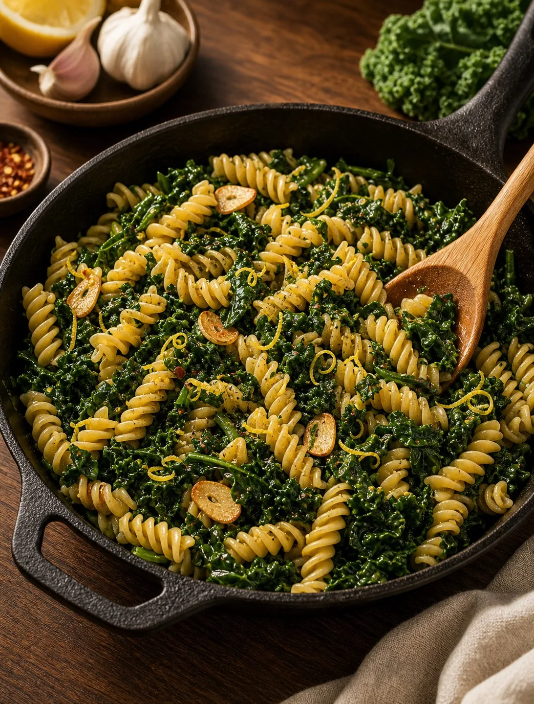 One-Pan Garlic Fusilli with Greens plated and ready to serve