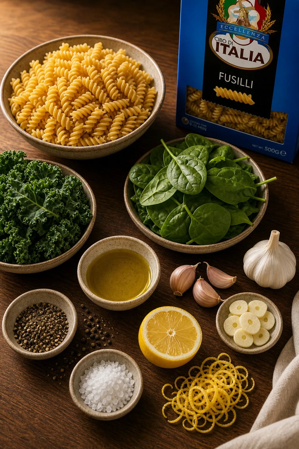 Ingredients for One-Pan Garlic Fusilli with Greens