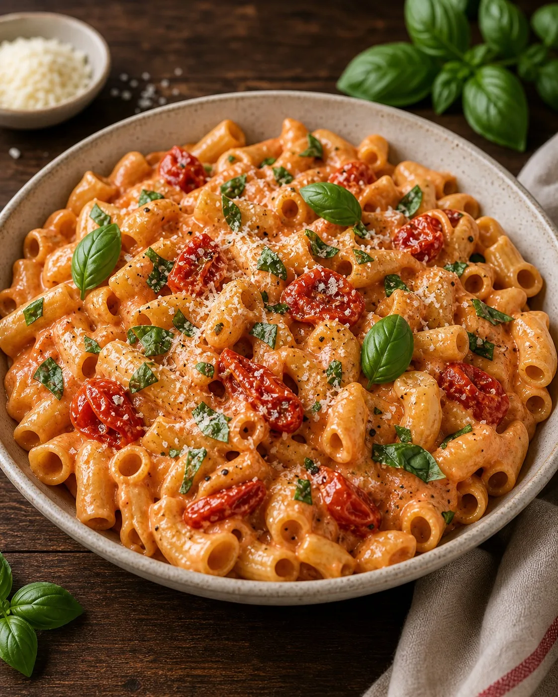 Simmering spiced tomato cream sauce in a wide pan