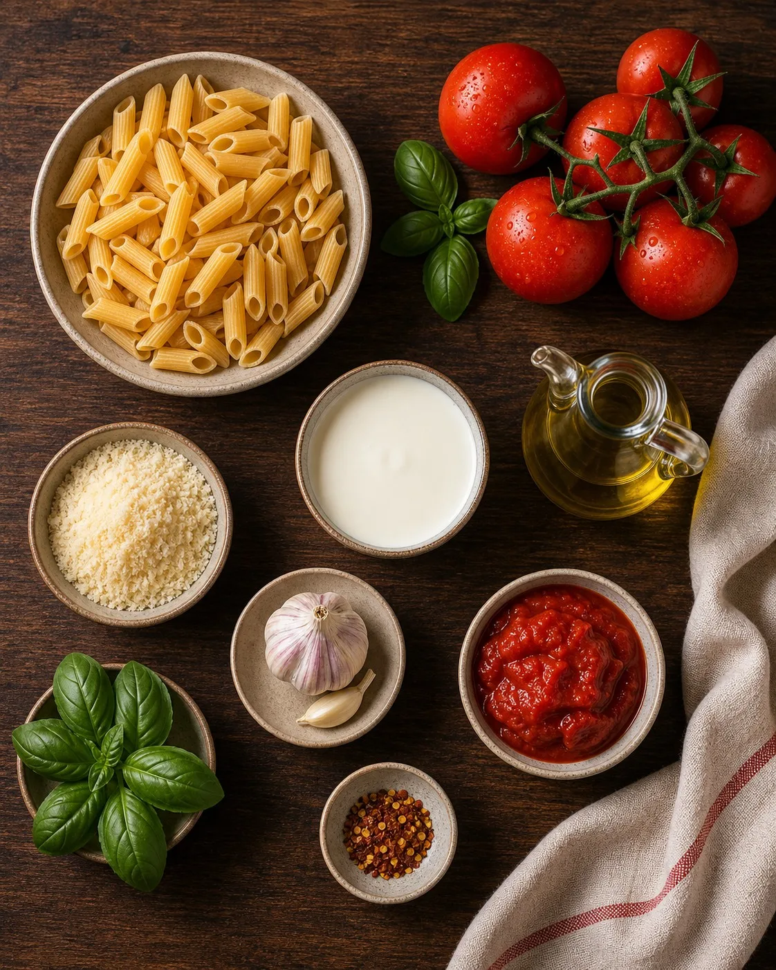 Penne rigate being tossed through the glossy tomato sauce