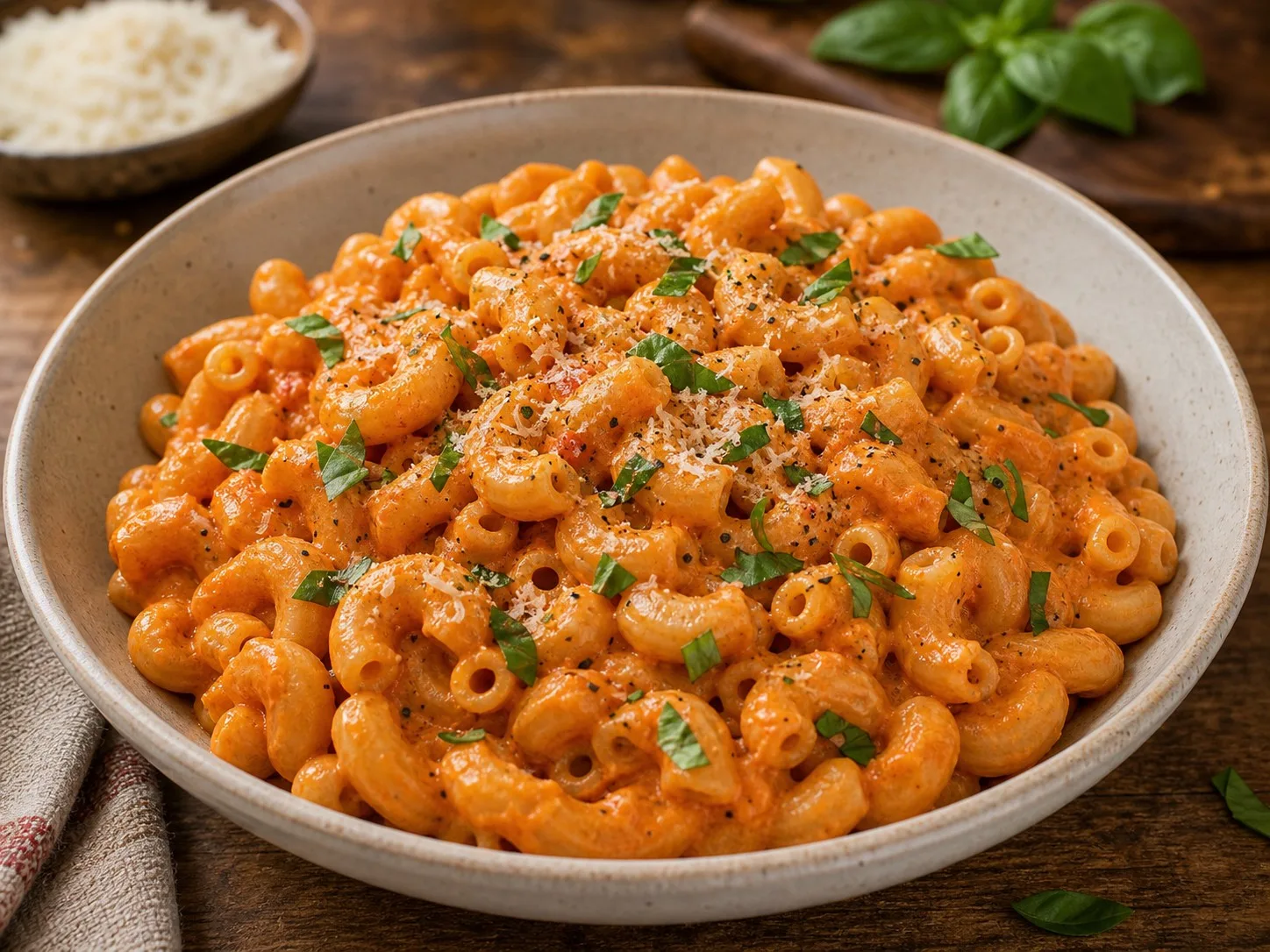 Close bowl of macaroni in creamy roasted red pepper sauce with basil