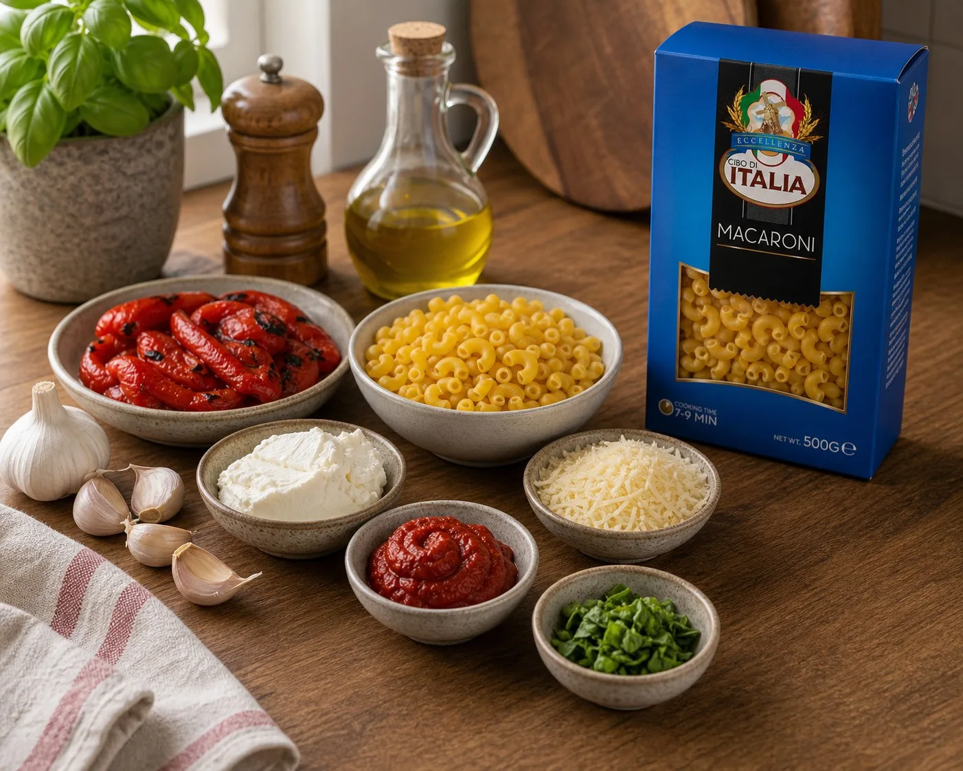 Ingredients for roasted red pepper macaroni with Cibo di Italia Macaroni pack