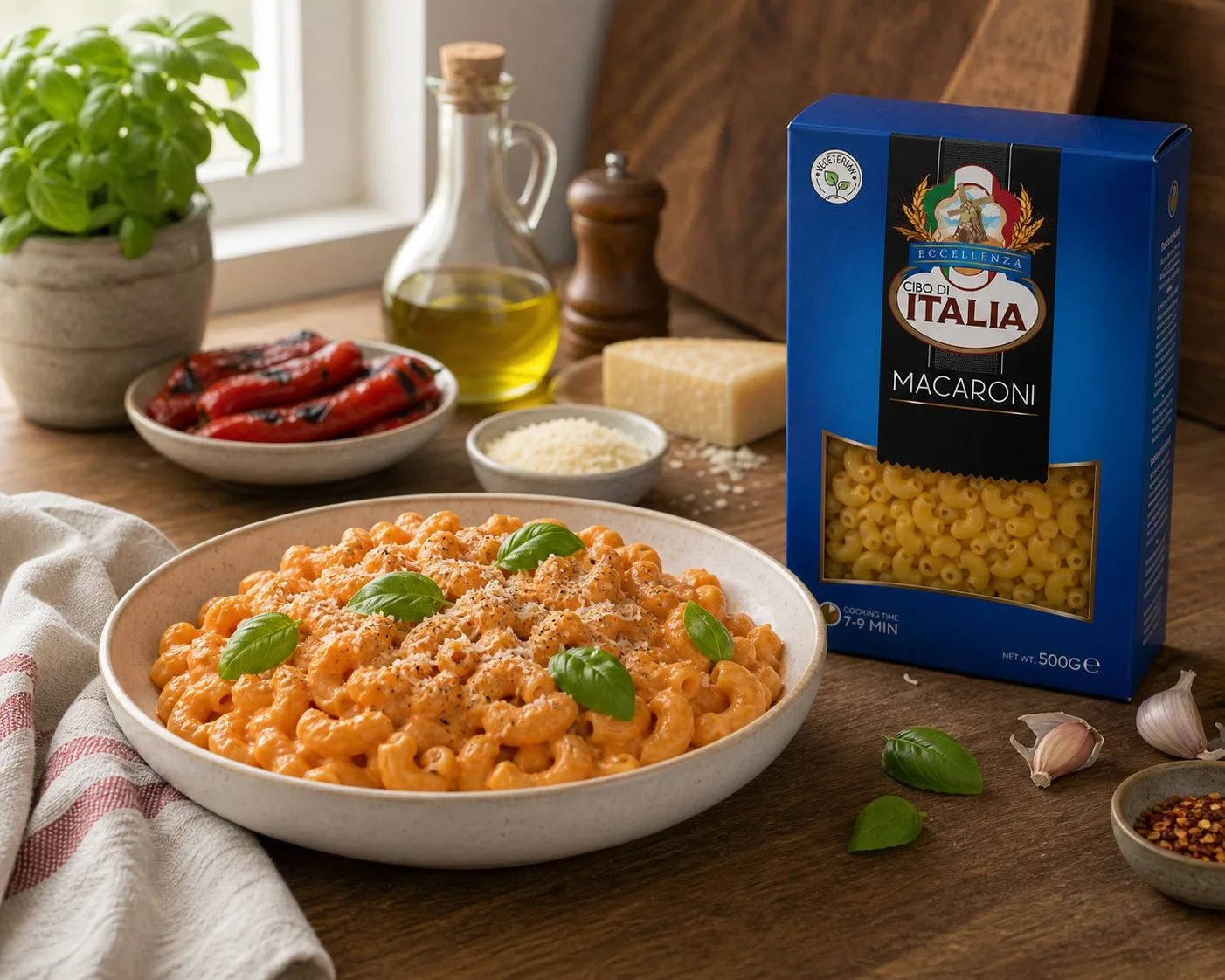 Serving bowl of roasted red pepper macaroni with Cibo di Italia Macaroni pack