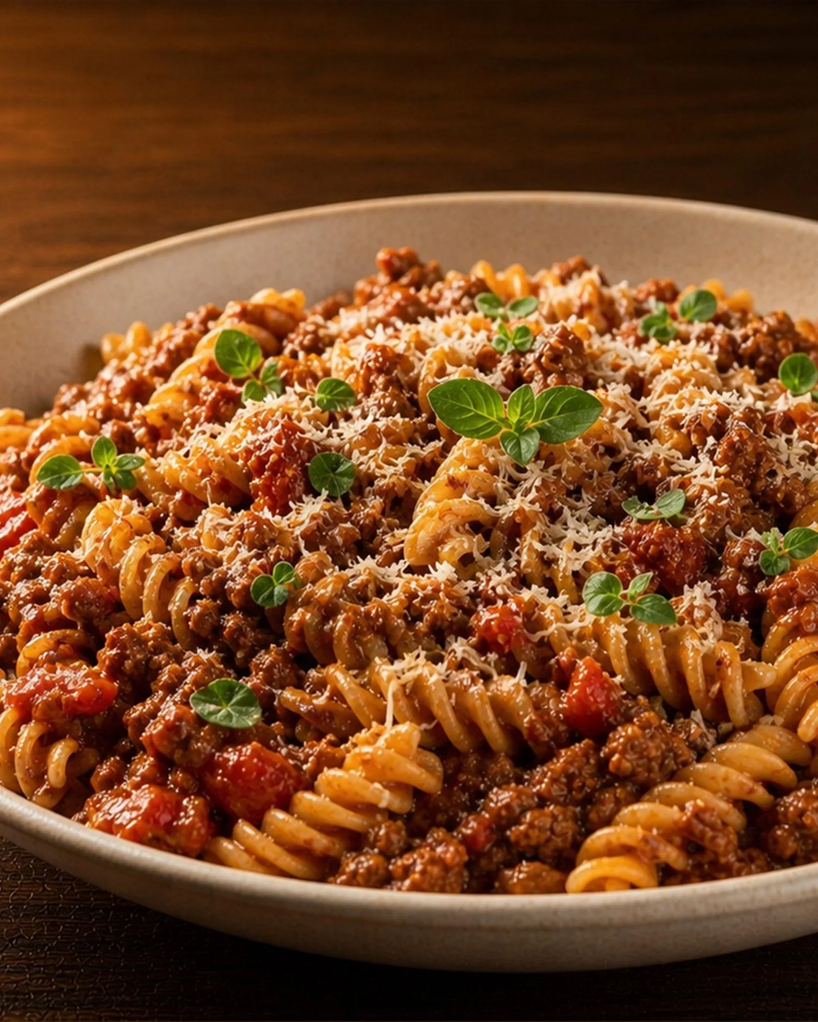 Sausage Ragu Fusilli plated and ready to serve