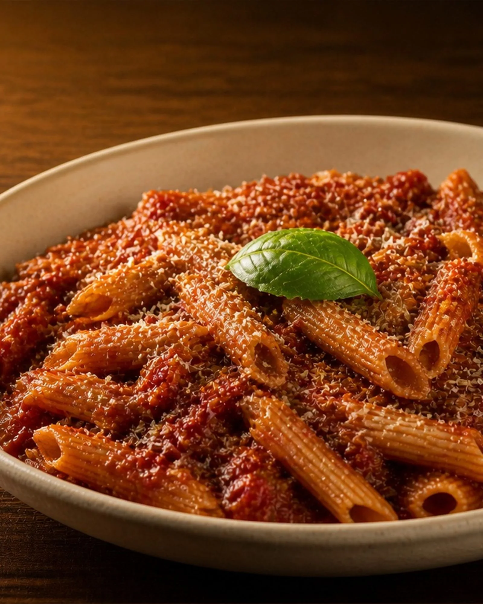 Slow-Simmered Tomato Pasta plated and ready to serve